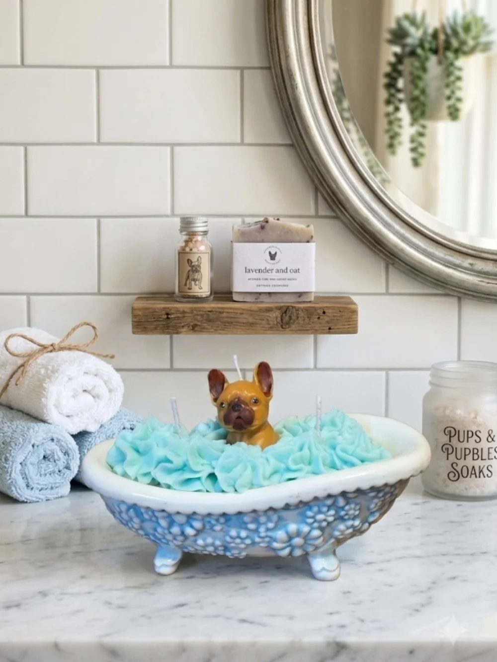French Bulldog Candle in Auqua & White Glass Claw Foot Bathtub Handcrafted Gifts